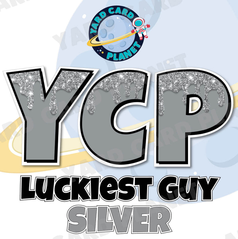 18" Luckiest Guy 38 pc. Large Letter and Symbols Set in Drip Glitter Pattern Silver