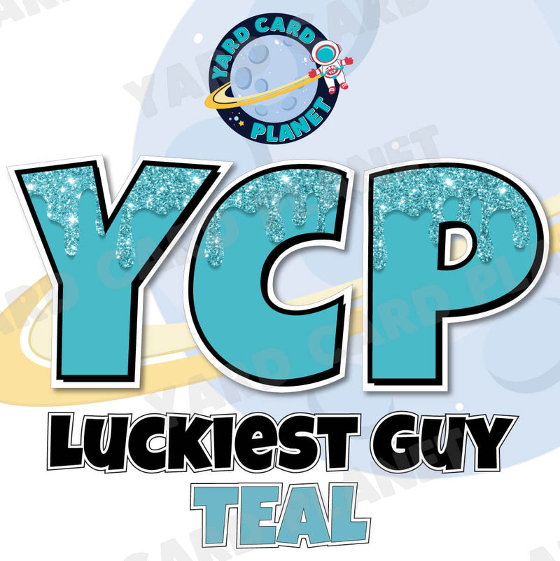 18" Luckiest Guy 38 pc. Large Letter and Symbols Set in Drip Glitter Pattern Teal