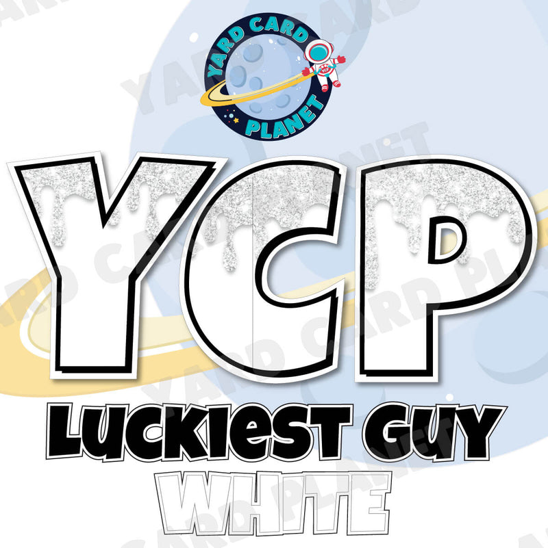 18" Luckiest Guy 38 pc. Large Letter and Symbols Set in Drip Glitter Pattern White