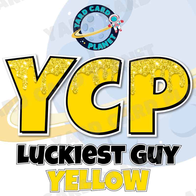 18" Luckiest Guy 38 pc. Large Letter and Symbols Set in Drip Glitter Pattern Yellow