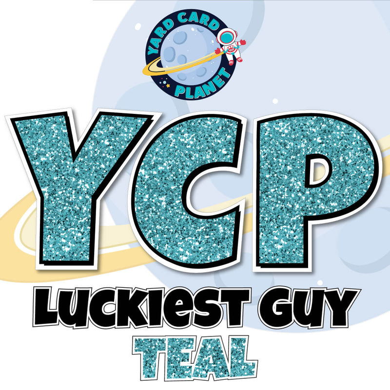 23" Luckiest Guy Large Letter and Symbols Set in Teal Glitter Pattern