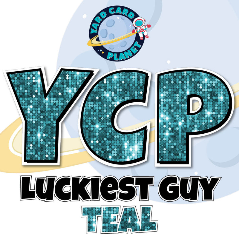 23" Luckiest Guy Large Letter and Symbols Set in Teal Sequin Pattern