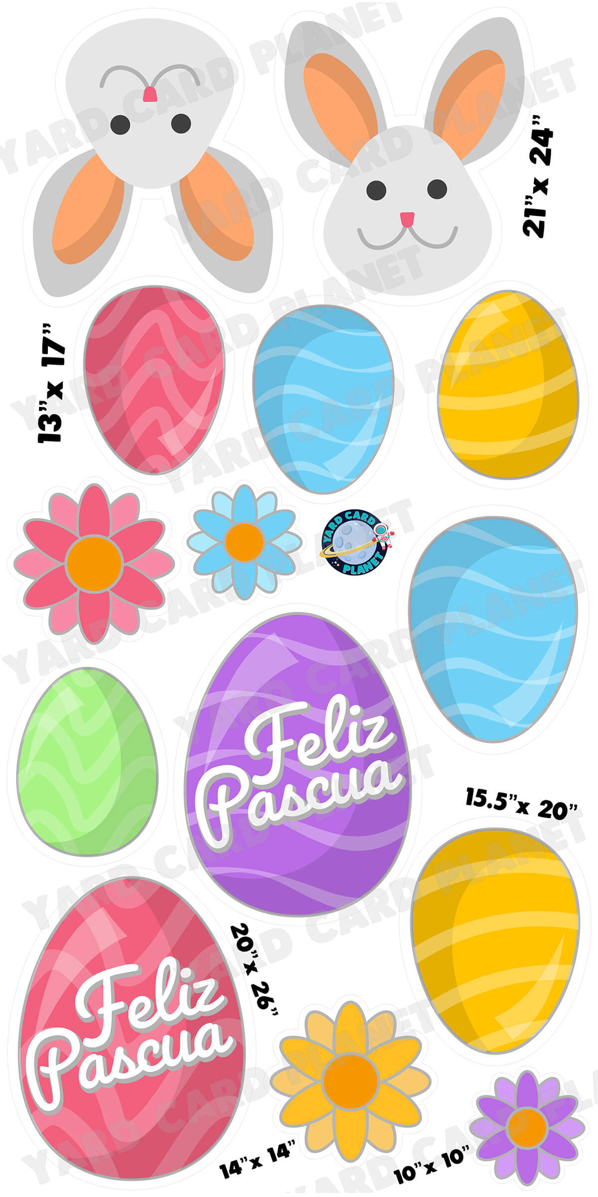 Feliz Pascua Easter Bunny and Easter Eggs Yard Card Flair Set