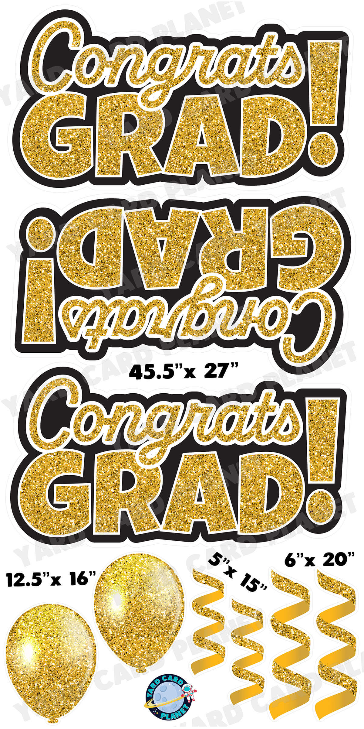 Gold Glitter Congrats Grad EZ Quick Signs with Matching Balloons and Streamers Yard Card Flair Set