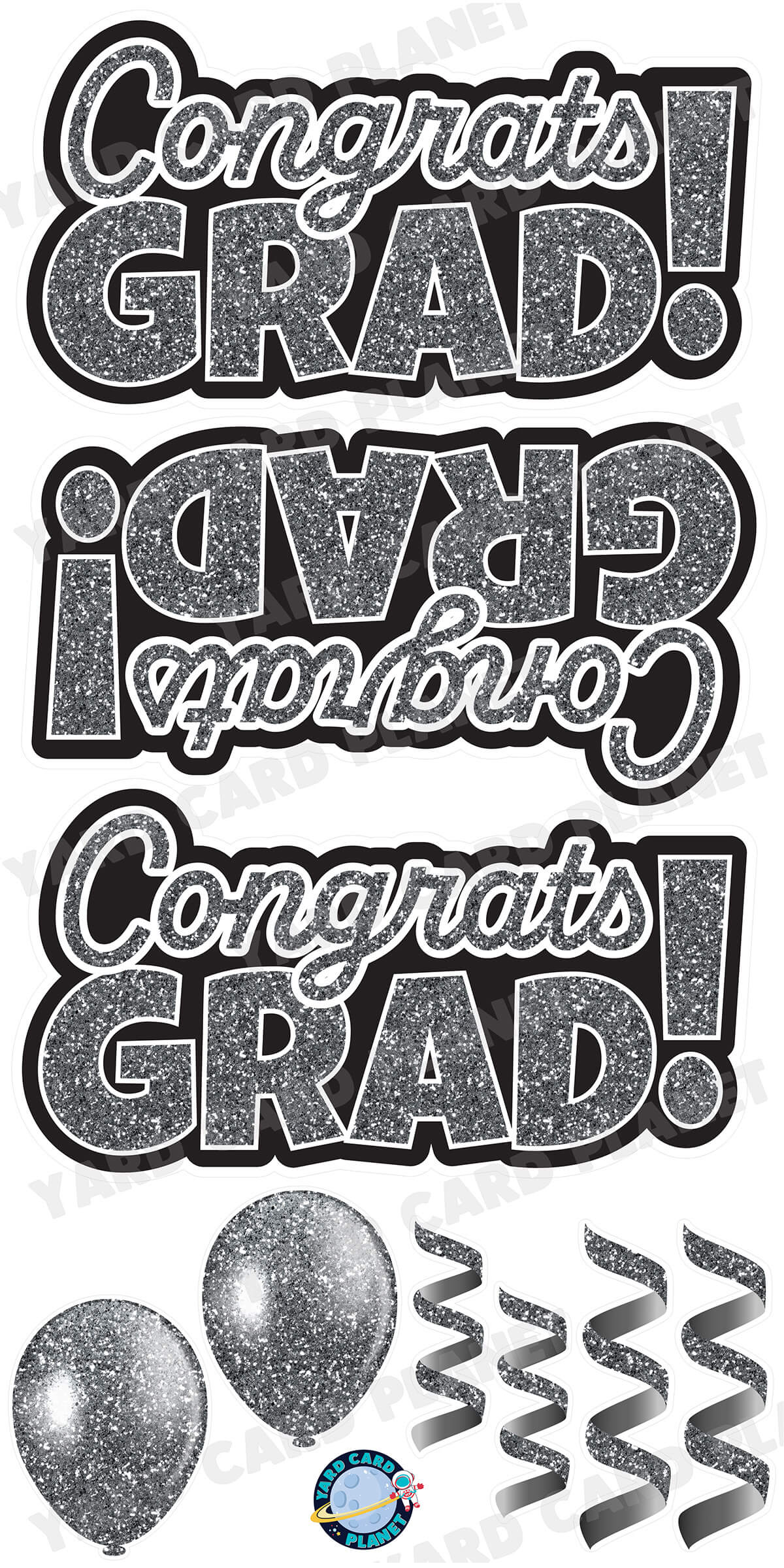 Silver Glitter Congrats Grad EZ Quick Signs with Matching Balloons and Streamers Yard Card Flair Set