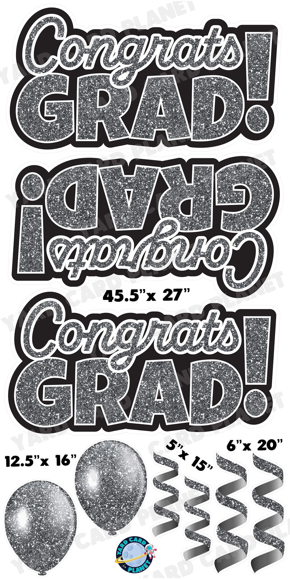 Silver Glitter Congrats Grad EZ Quick Signs with Matching Balloons and Streamers Yard Card Flair Set