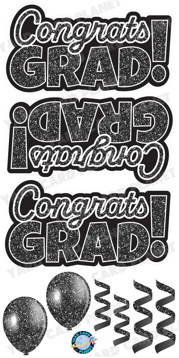 Black Glitter Congrats Grad EZ Quick Signs with Matching Balloons and Streamers Yard Card Flair Set