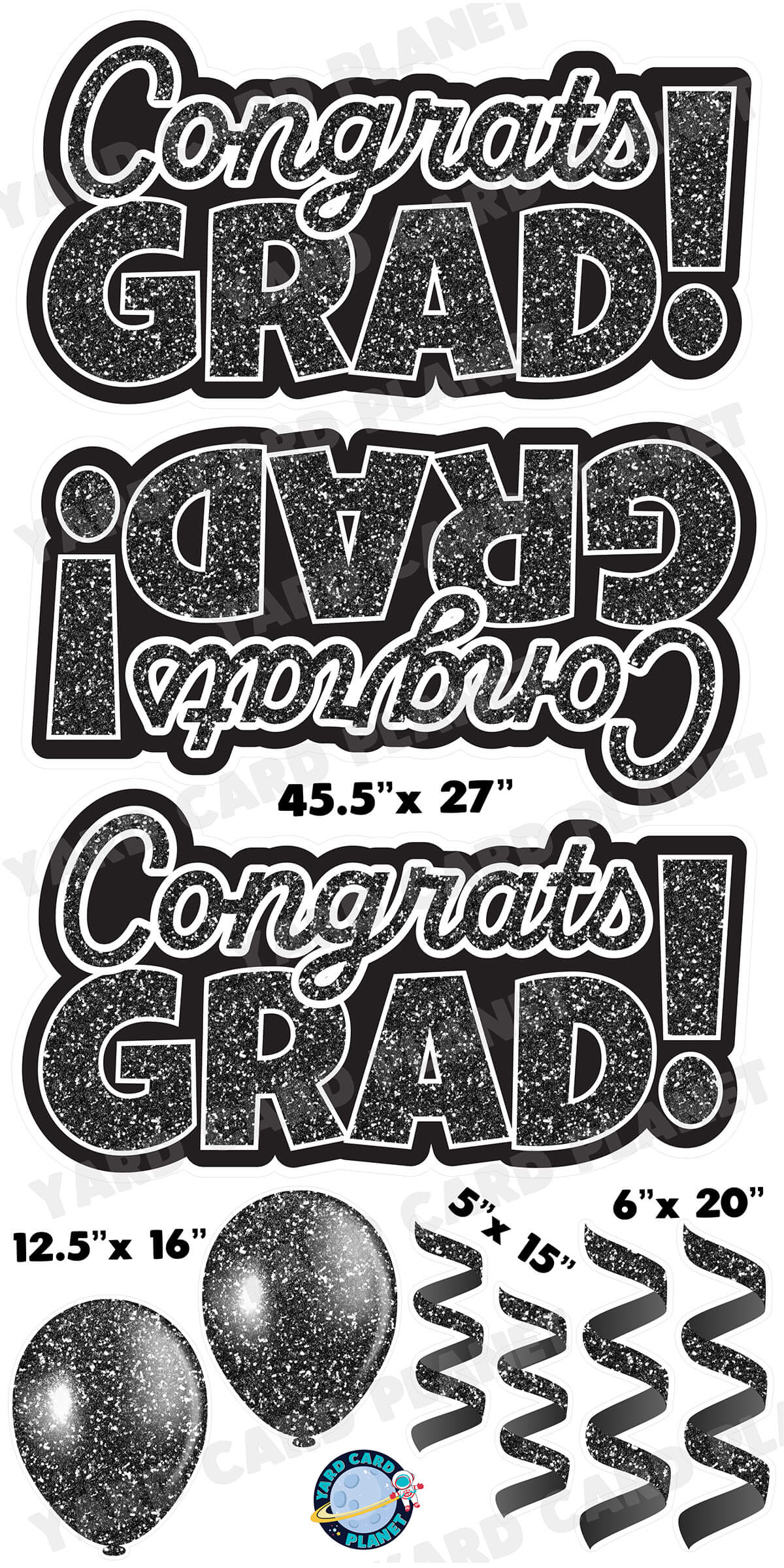 Black Glitter Congrats Grad EZ Quick Signs with Matching Balloons and Streamers Yard Card Flair Set