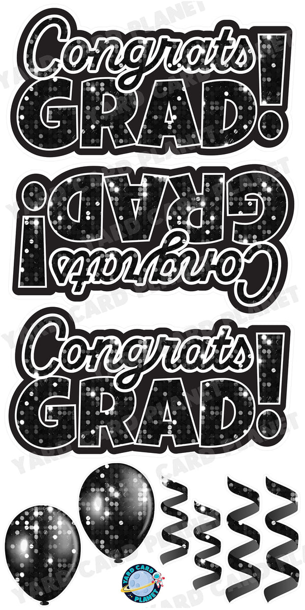 Black Sequin Congrats Grad EZ Quick Signs with Matching Balloons and Streamers Yard Card Flair Set