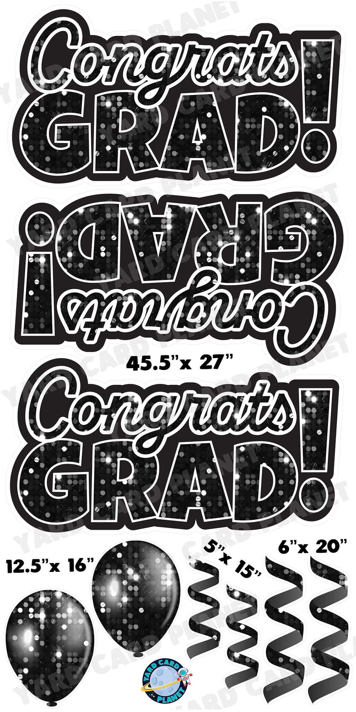 Black Sequin Congrats Grad EZ Quick Signs with Matching Balloons and Streamers Yard Card Flair Set