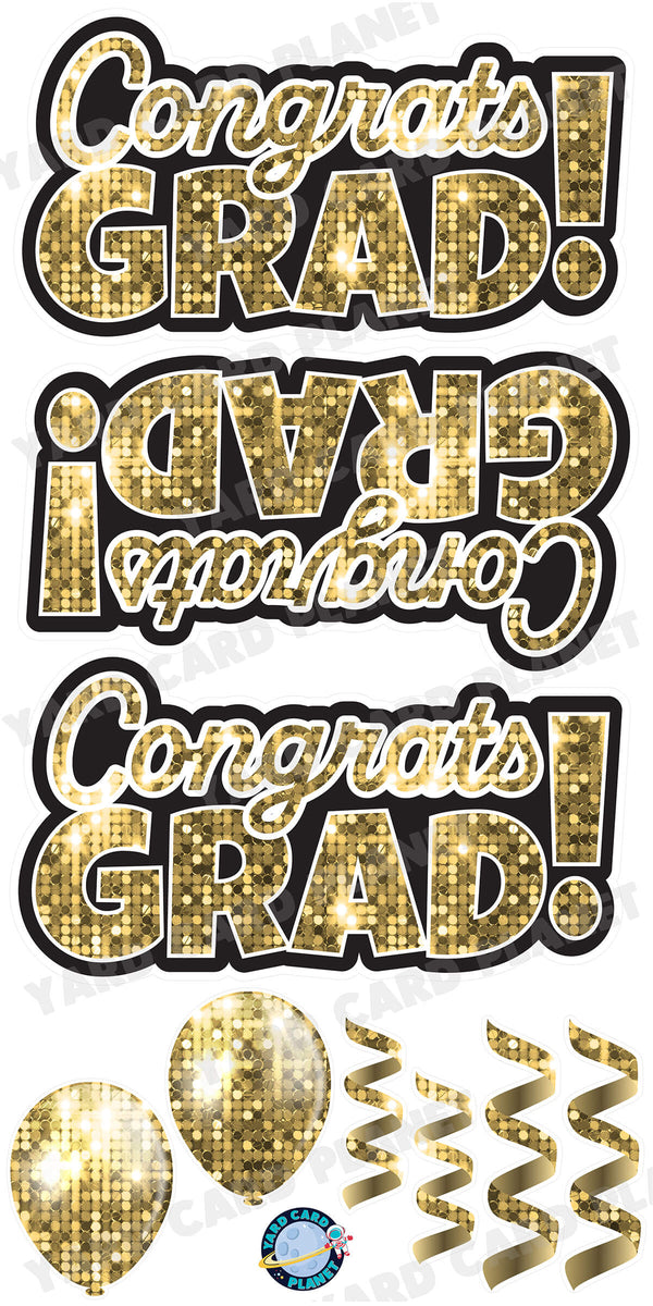 Gold Sequin Congrats Grad EZ Quick Signs with Matching Balloons and Streamers Yard Card Flair Set