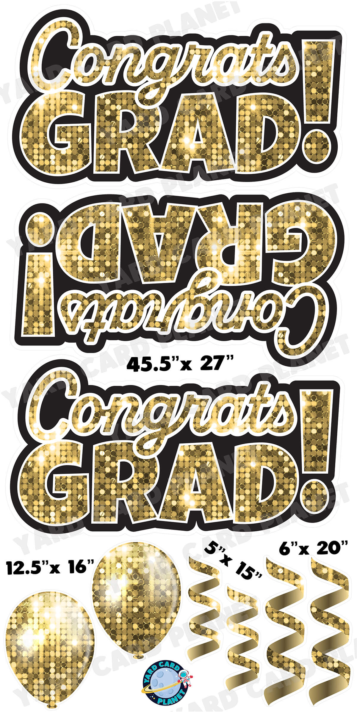 Gold Sequin Congrats Grad EZ Quick Signs with Matching Balloons and Streamers Yard Card Flair Set