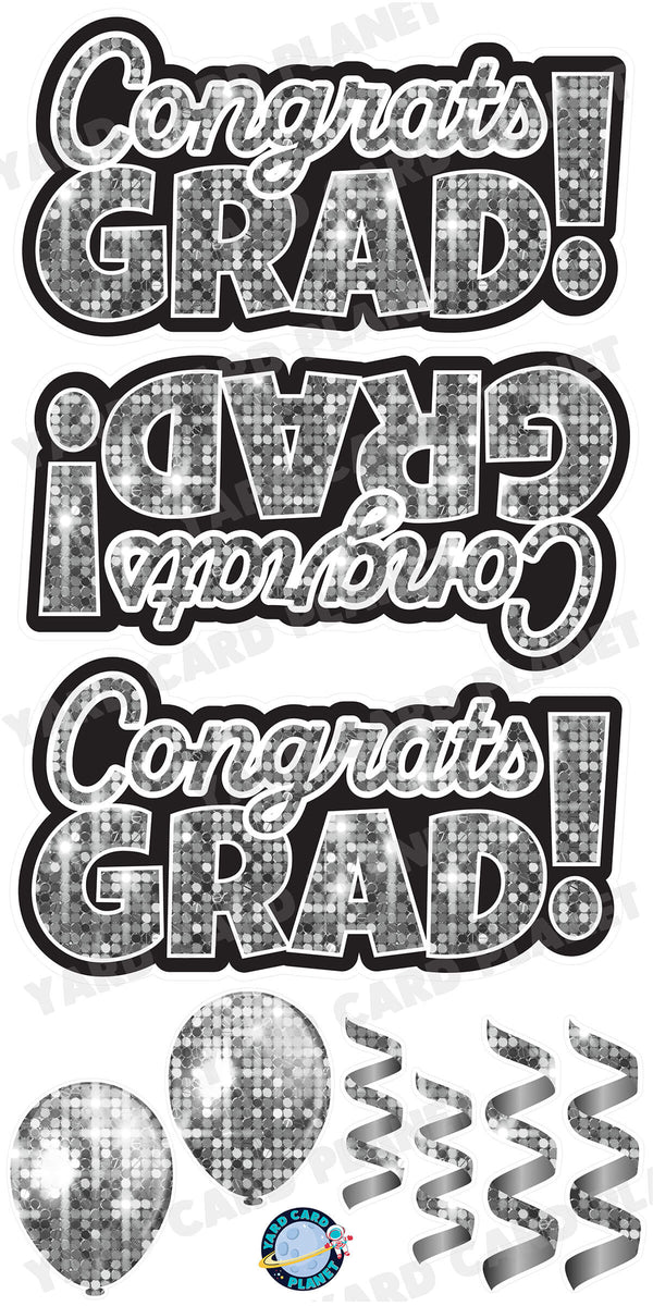 Silver Sequin Congrats Grad EZ Quick Signs with Matching Balloons and Streamers Yard Card Flair Set
