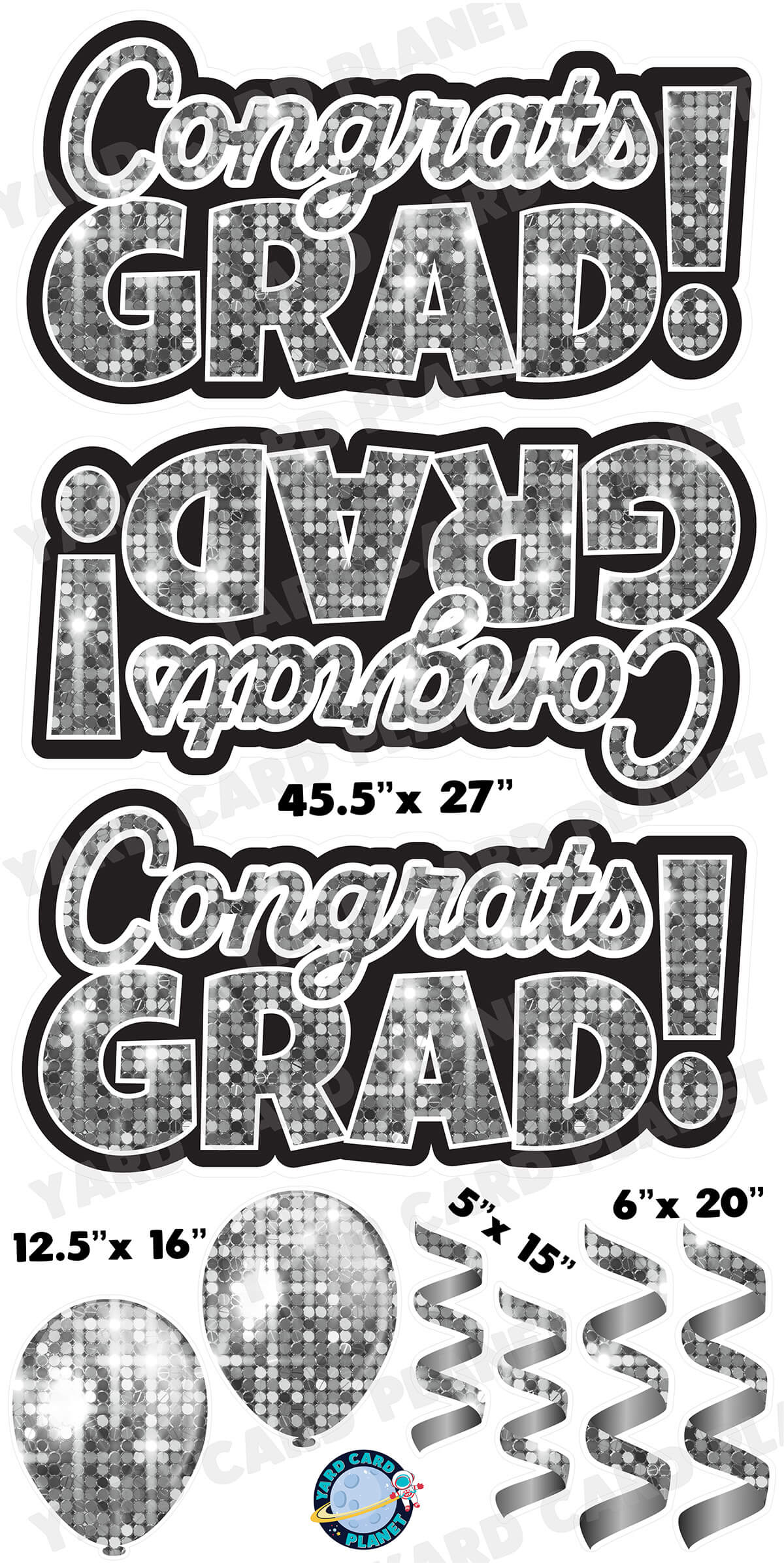 Silver Sequin Congrats Grad EZ Quick Signs with Matching Balloons and Streamers Yard Card Flair Set