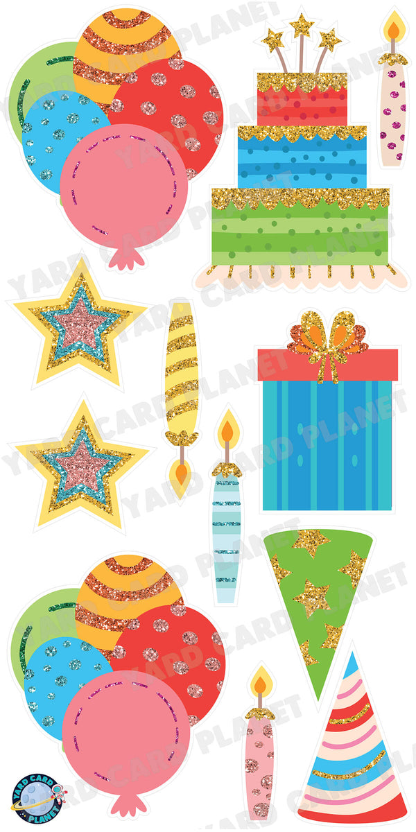 Pastel Multi Color Glitter Birthday Essentials Yard Card Flair Set