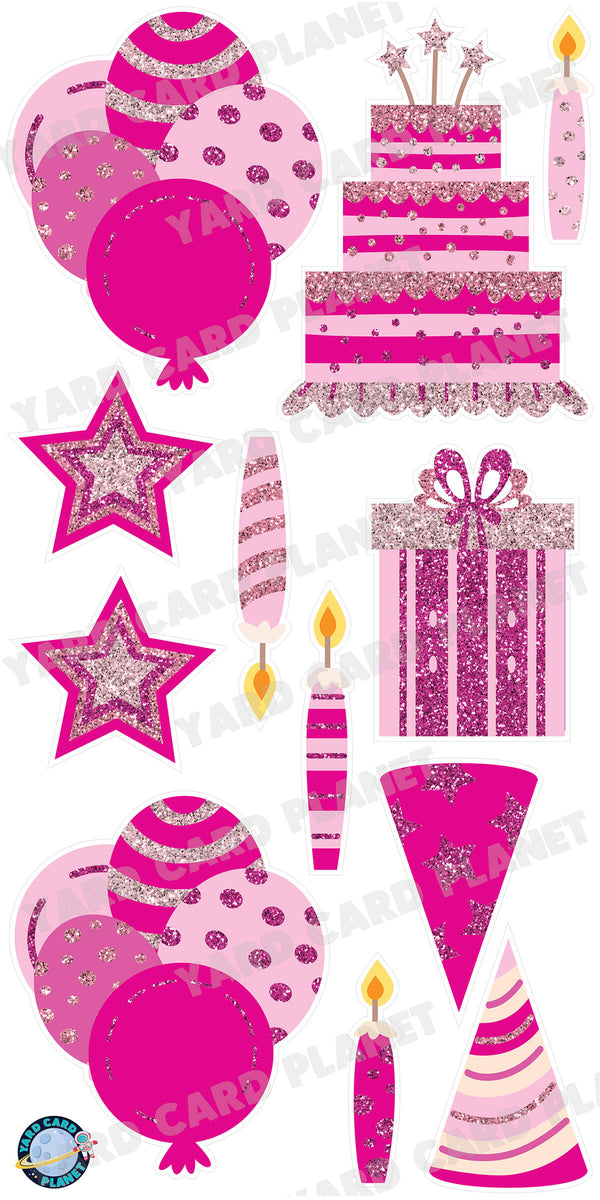 Pink Glitter Birthday Essentials Yard Card Flair Set