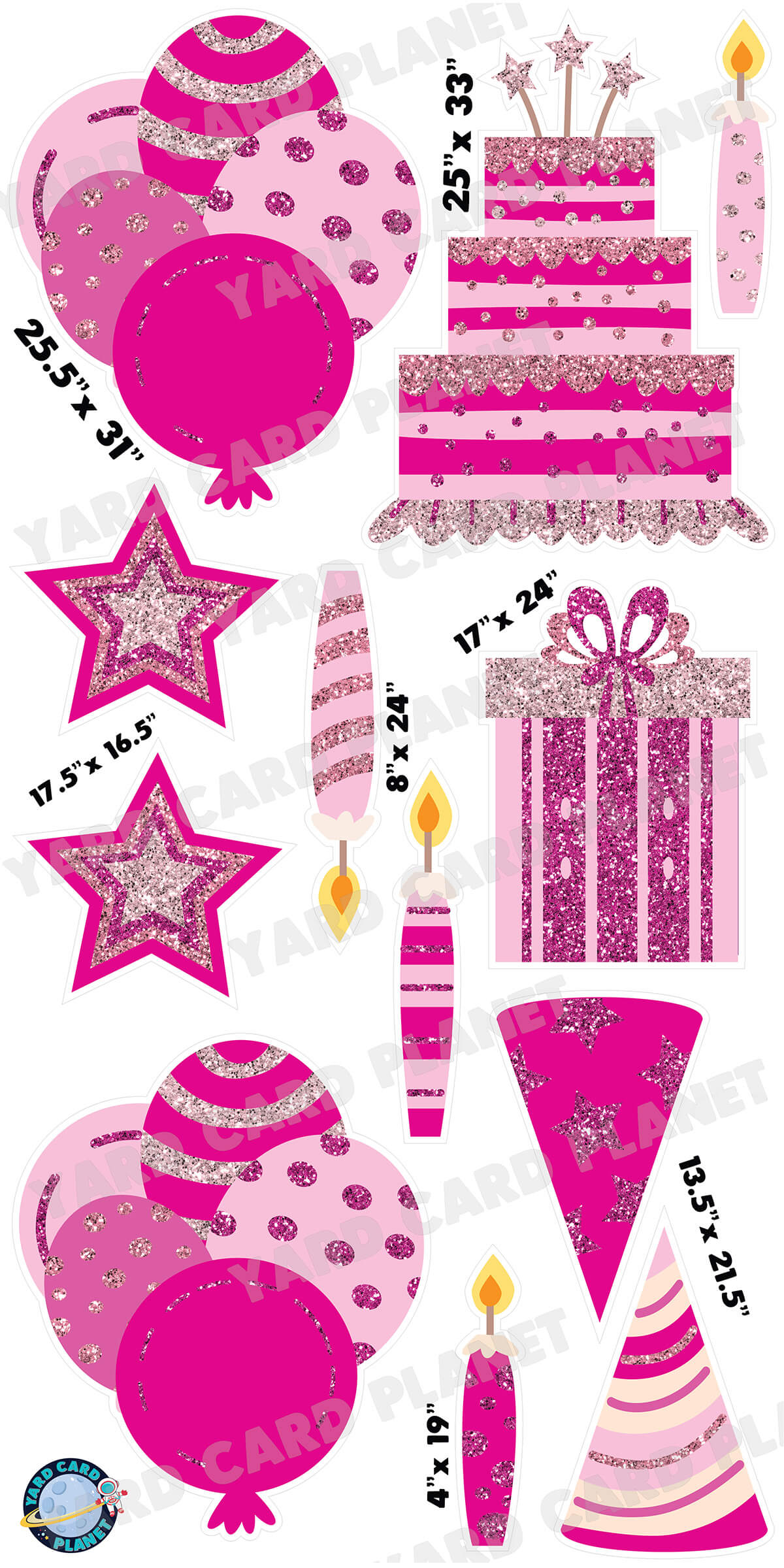 Pink Glitter Birthday Essentials Yard Card Flair Set