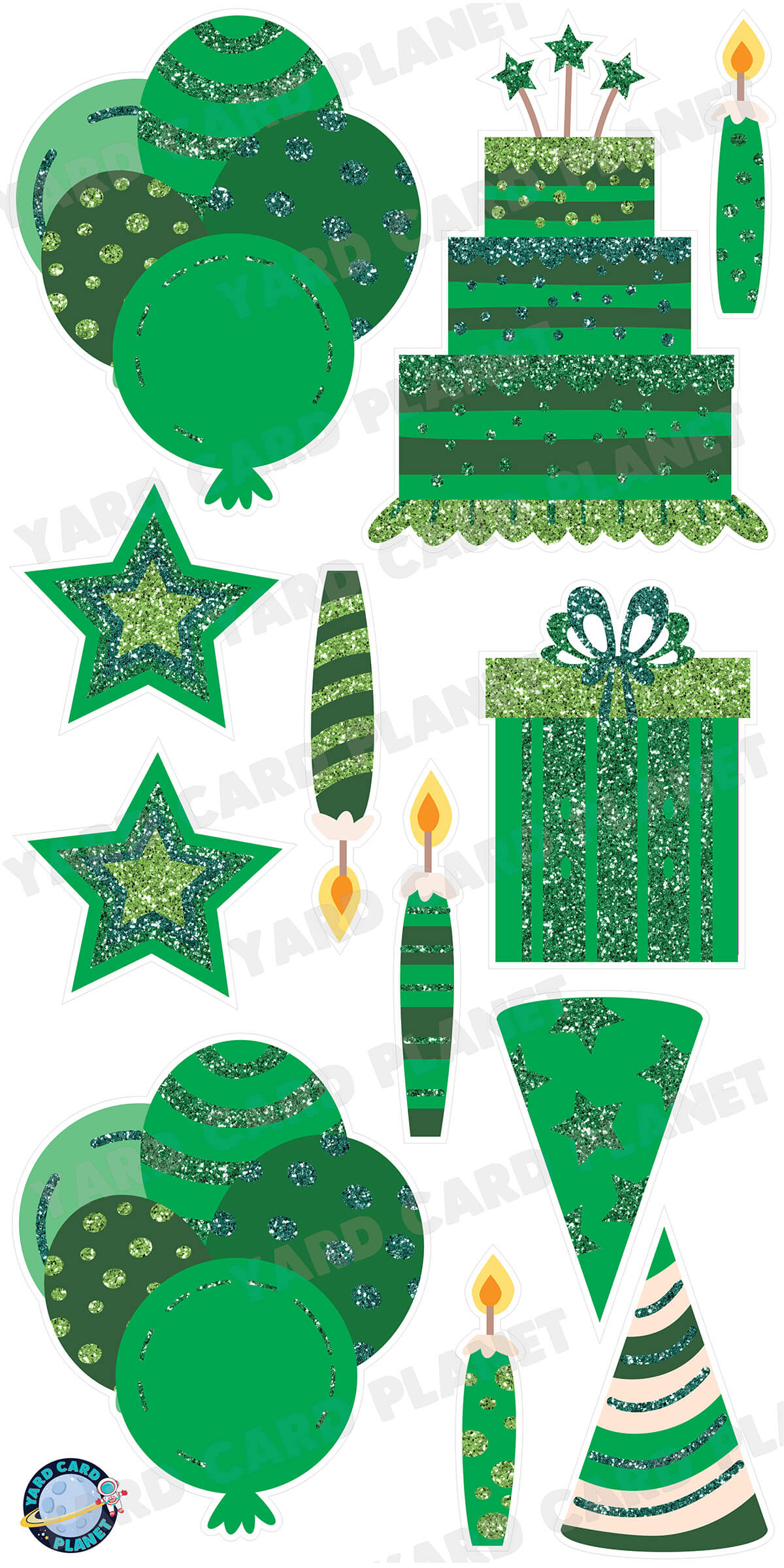 Green Glitter Birthday Essentials Yard Card Flair Set