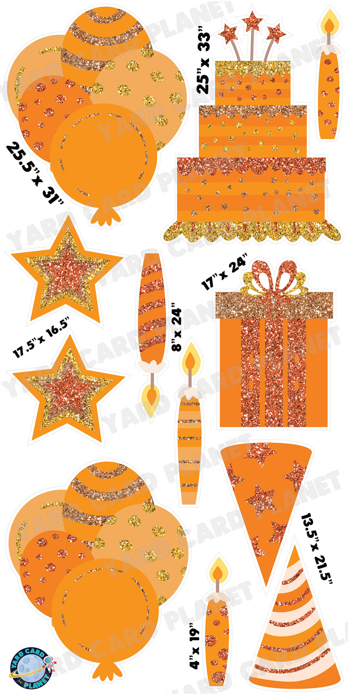 Orange Glitter Birthday Essentials Yard Card Flair Set