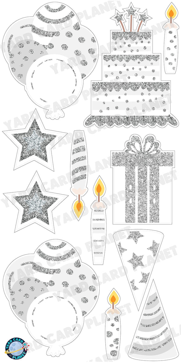 White with Silver Glitter Birthday Essentials Yard Card Flair Set