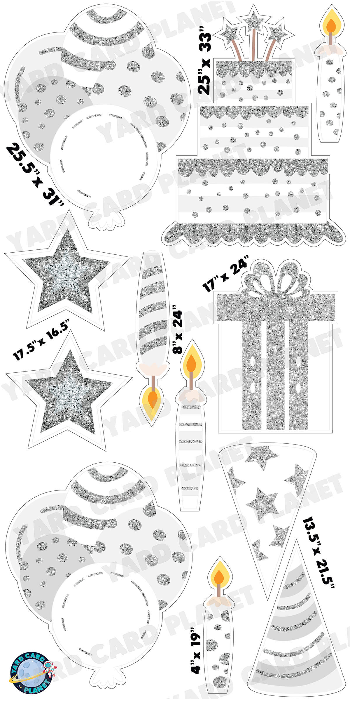 White with Silver Glitter Birthday Essentials Yard Card Flair Set