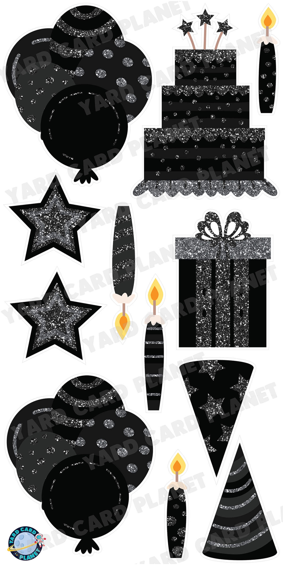 Black with Silver Glitter Birthday Essentials Yard Card Flair Set