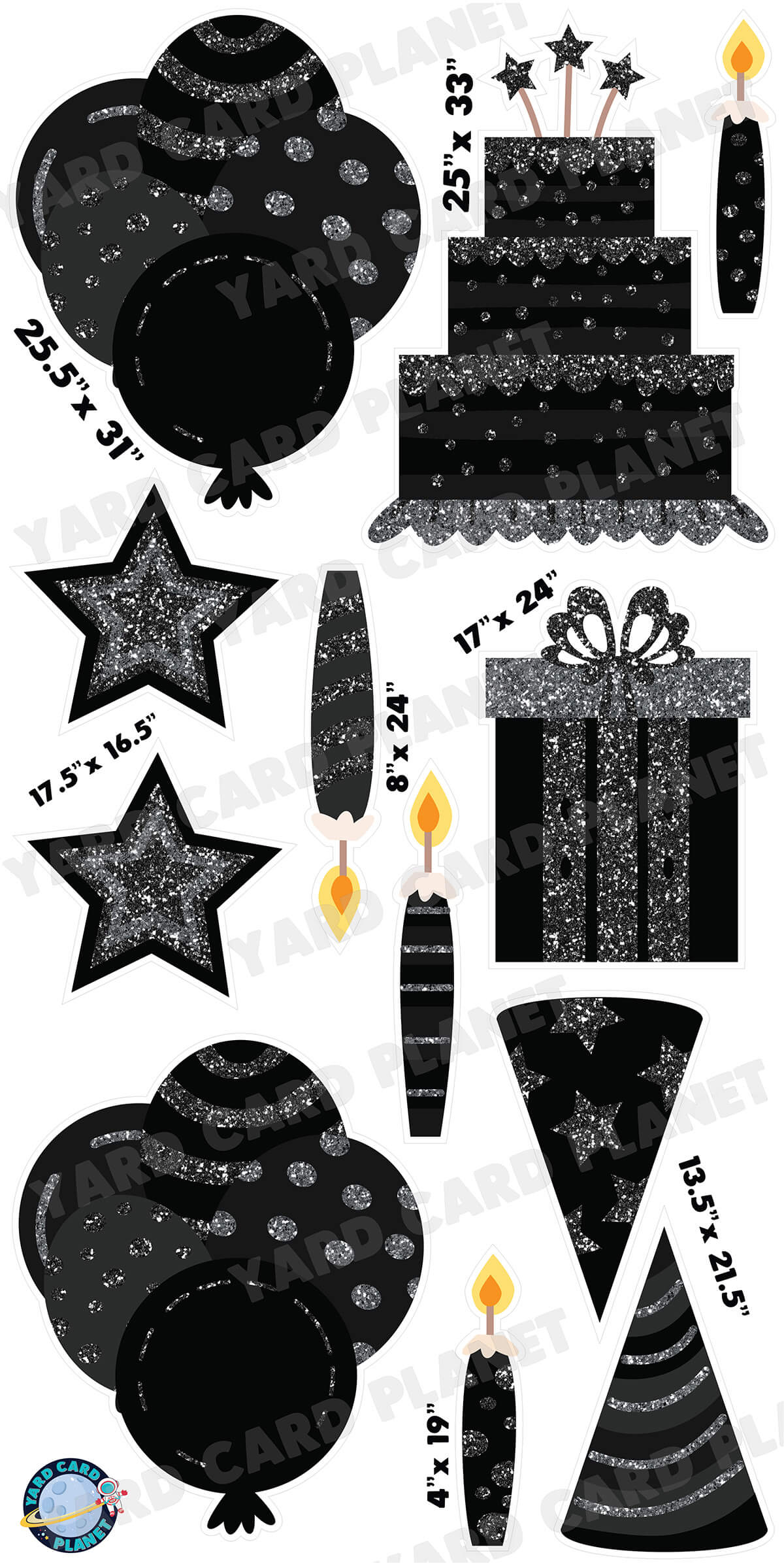 Black with Silver Glitter Birthday Essentials Yard Card Flair Set