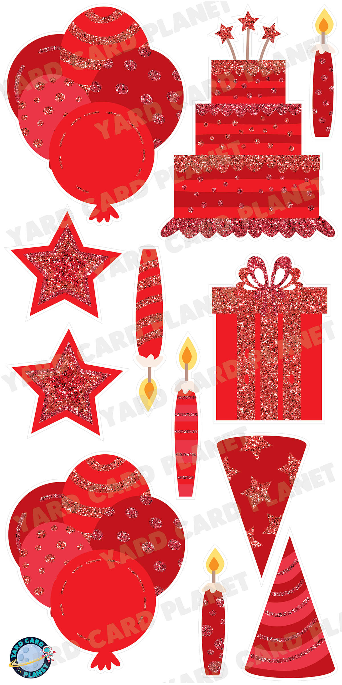 Red Glitter Birthday Essentials Yard Card Flair Set