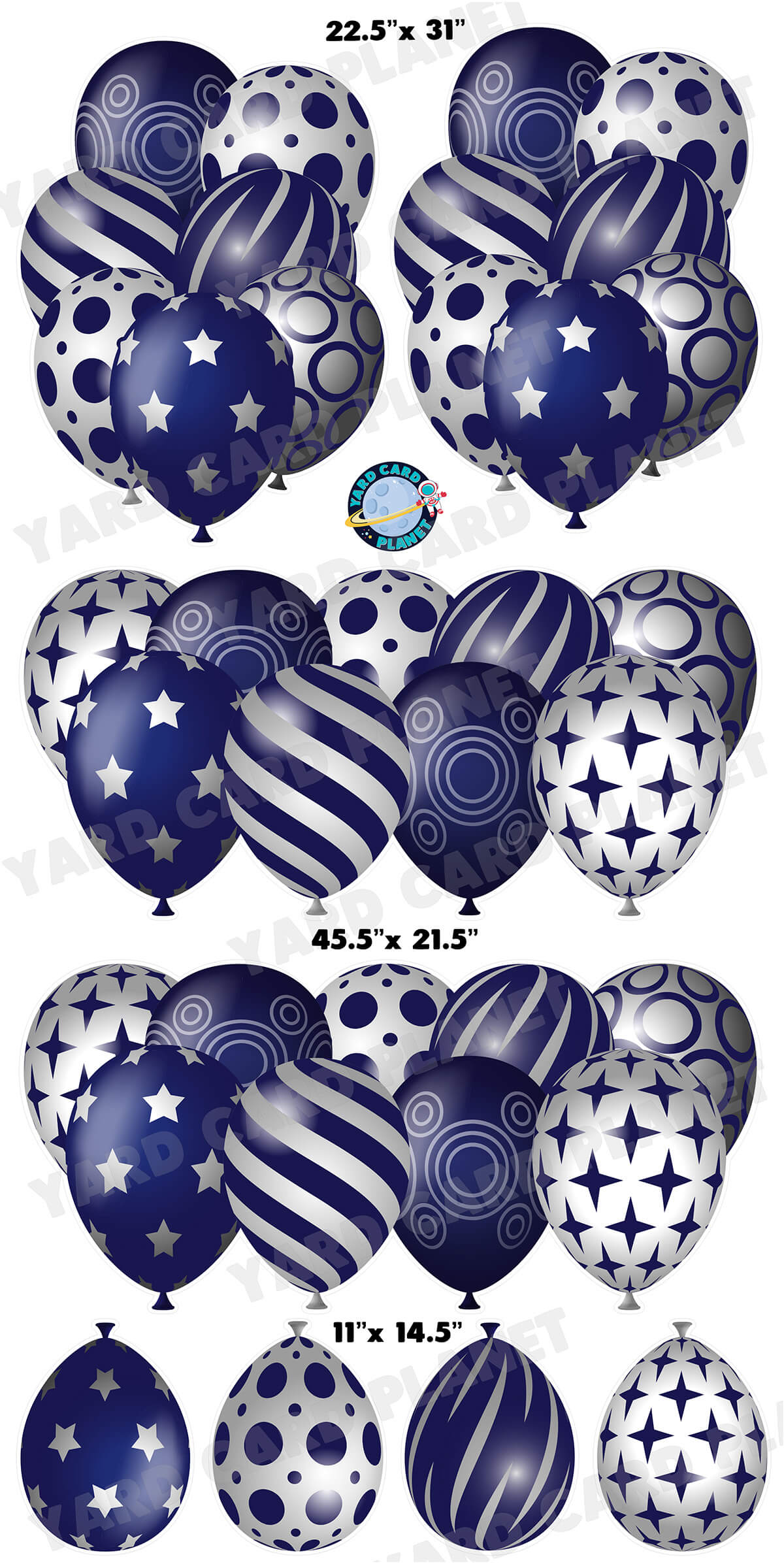 Navy Blue and Silver Elegant Metallic Balloons EZ Setup Panels and Borders Yard Card Set