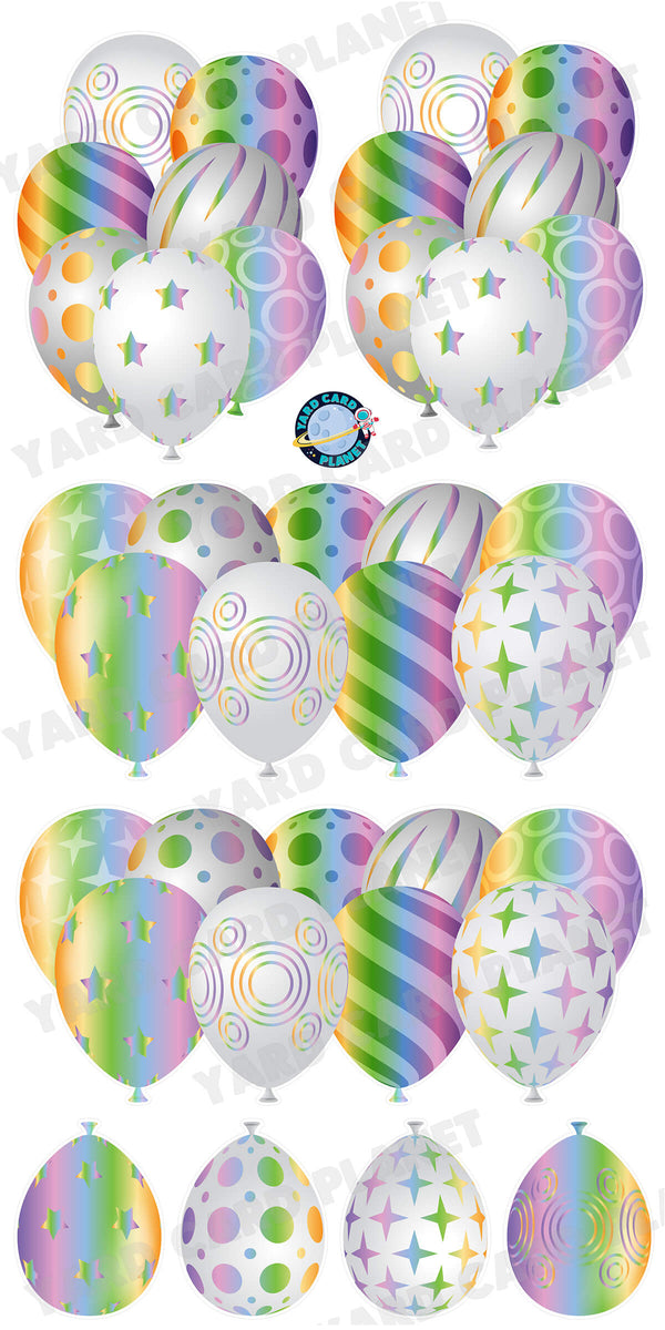 White and Pastel Rainbow Elegant Metallic Balloons EZ Setup Panels and Borders Yard Card Set