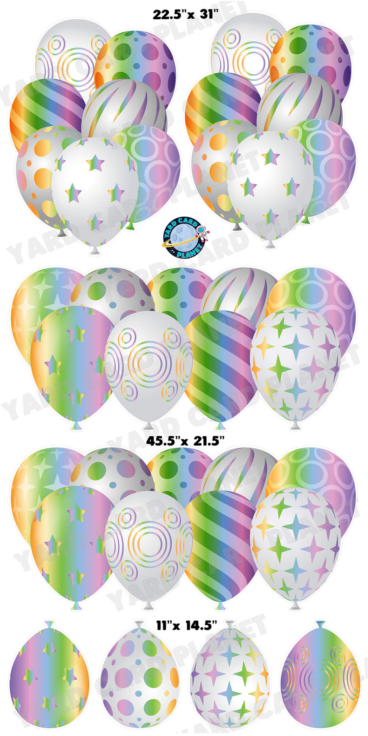 White and Pastel Rainbow Elegant Metallic Balloons EZ Setup Panels and Borders Yard Card Set