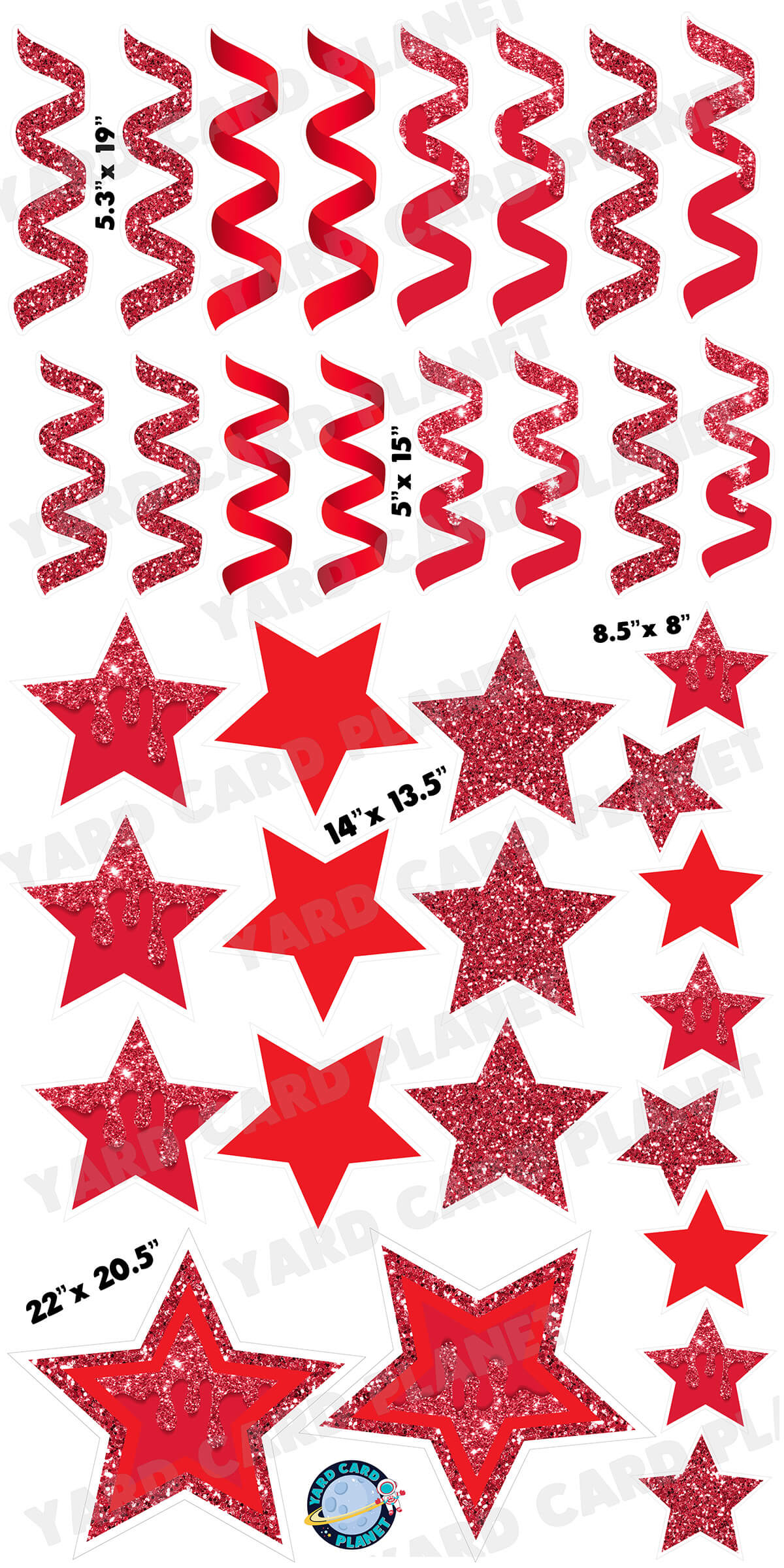 Red Glitter and Solid Stars and Streamers Yard Card Flair Set