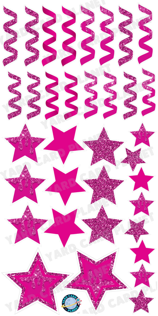 Hot Pink Glitter and Solid Stars and Streamers Yard Card Flair Set