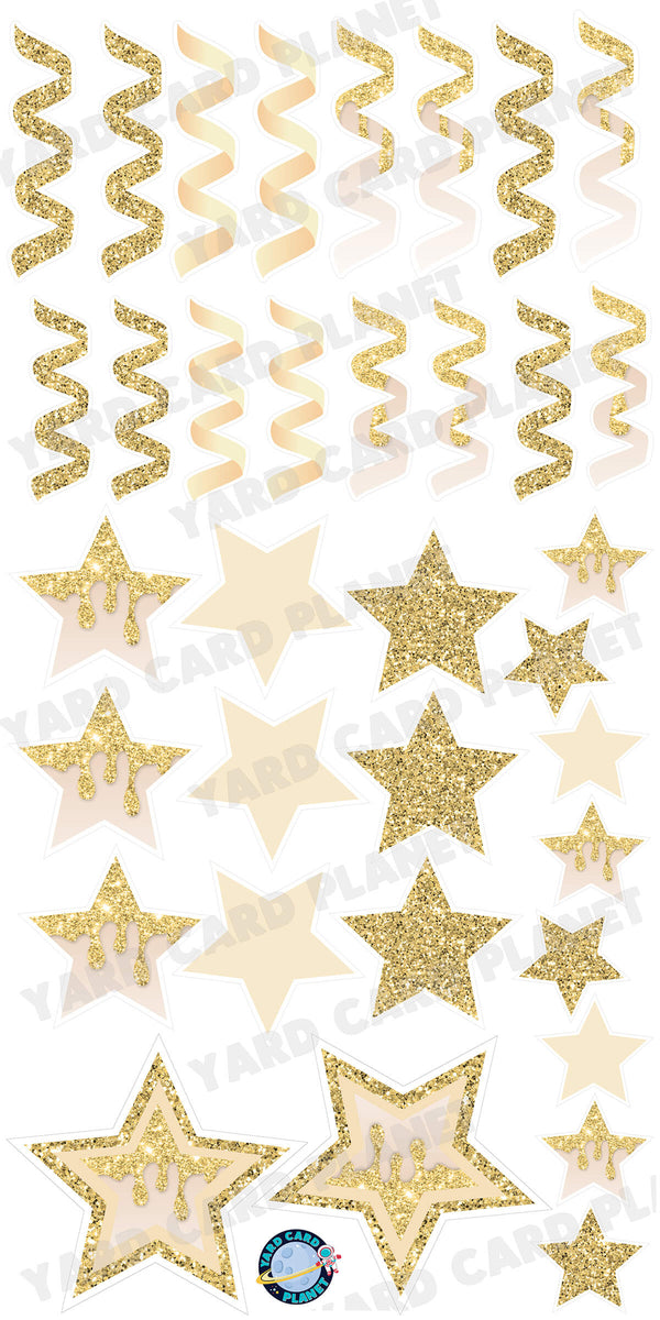 Gold Glitter and Solid Stars and Streamers Yard Card Flair Set