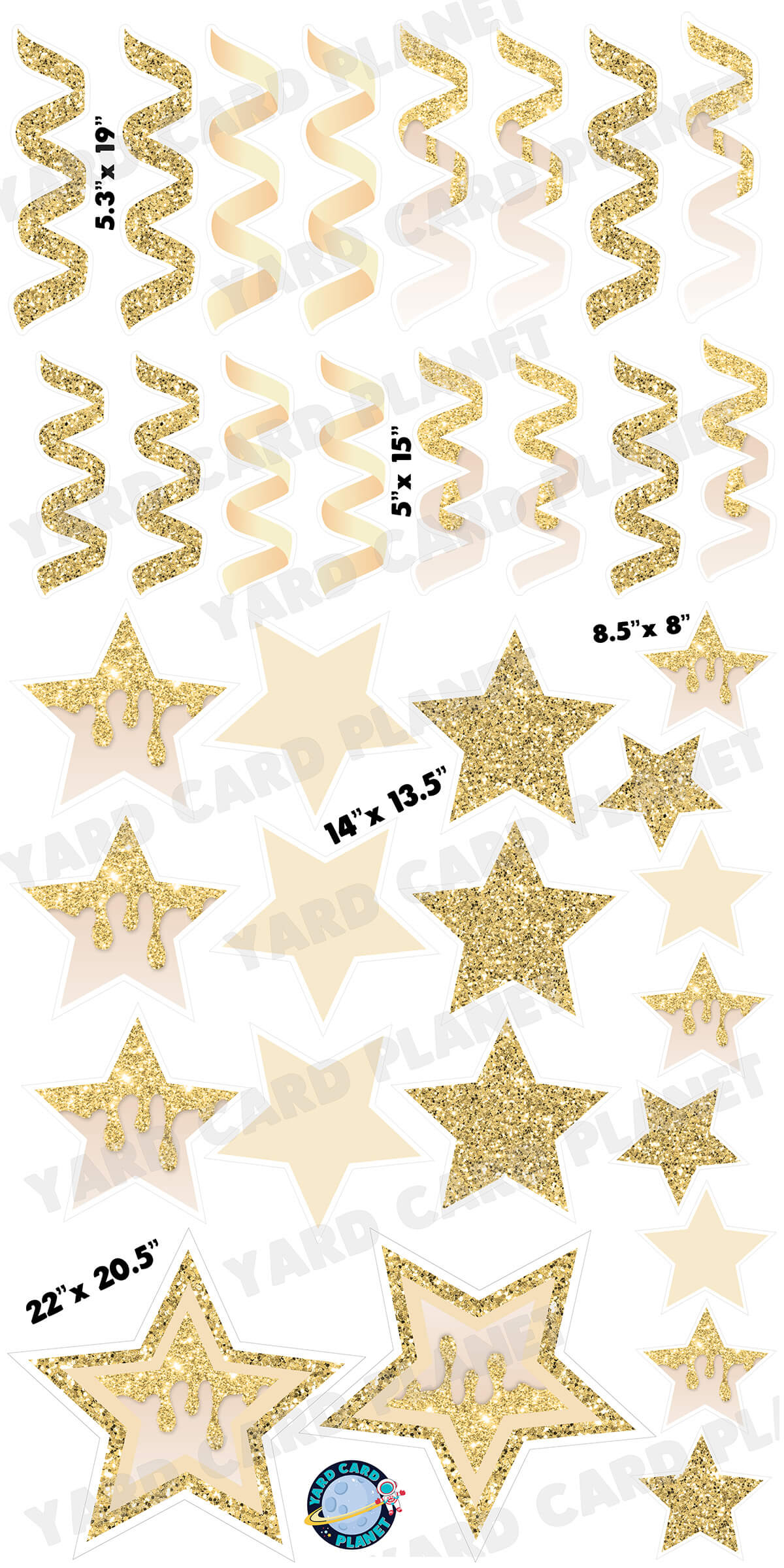 Gold Glitter and Solid Stars and Streamers Yard Card Flair Set