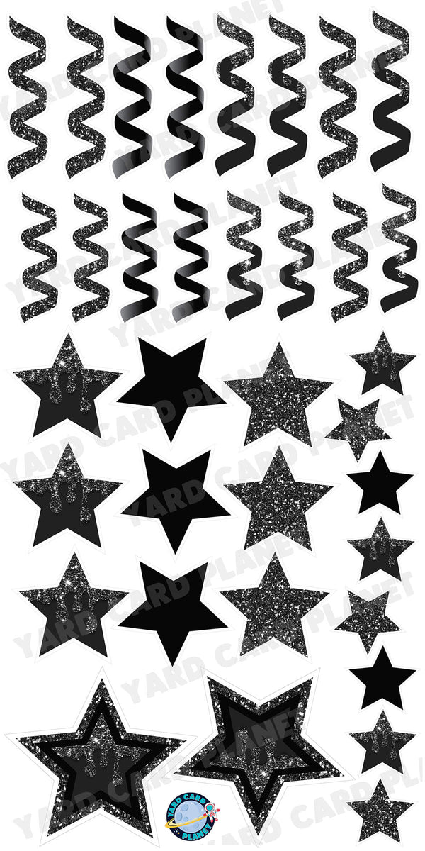 Black Glitter and Solid Stars and Streamers Yard Card Flair Set