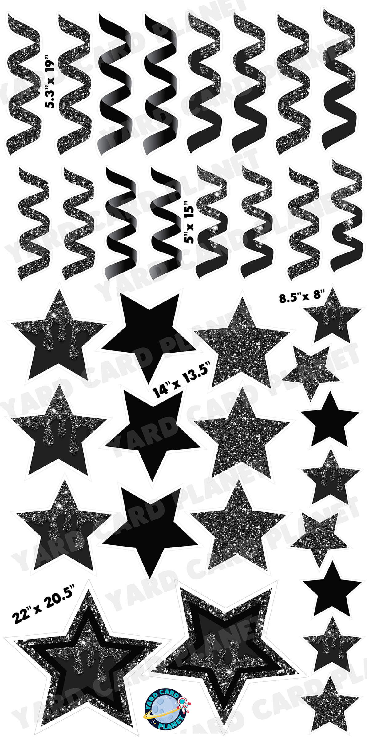 Black Glitter and Solid Stars and Streamers Yard Card Flair Set