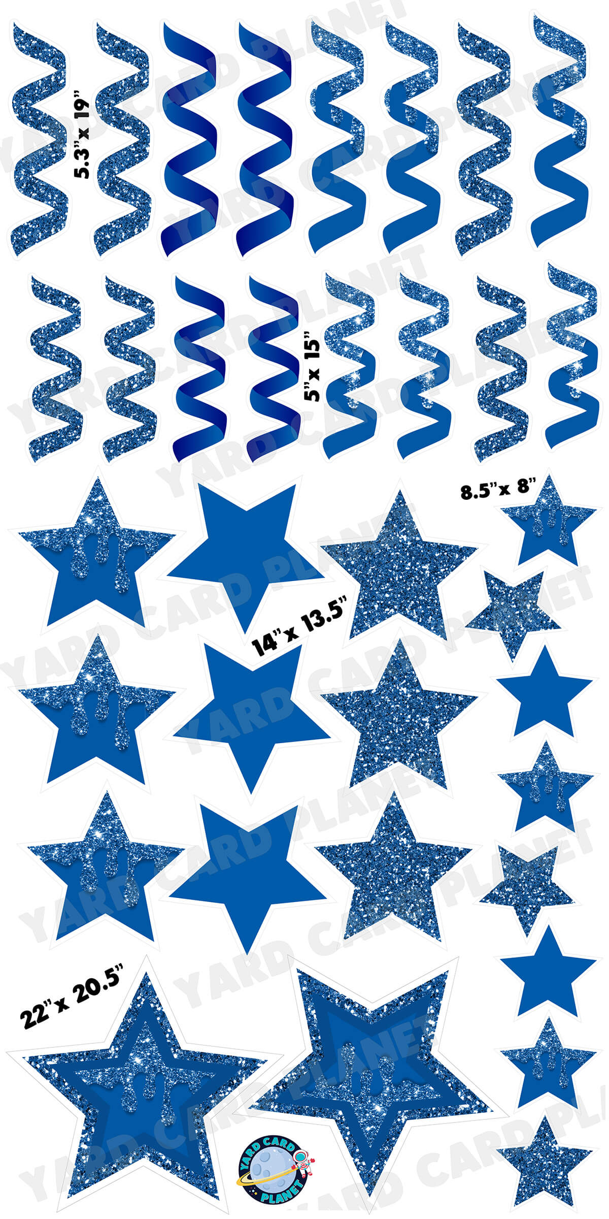 Blue Glitter and Solid Stars and Streamers Yard Card Flair Set