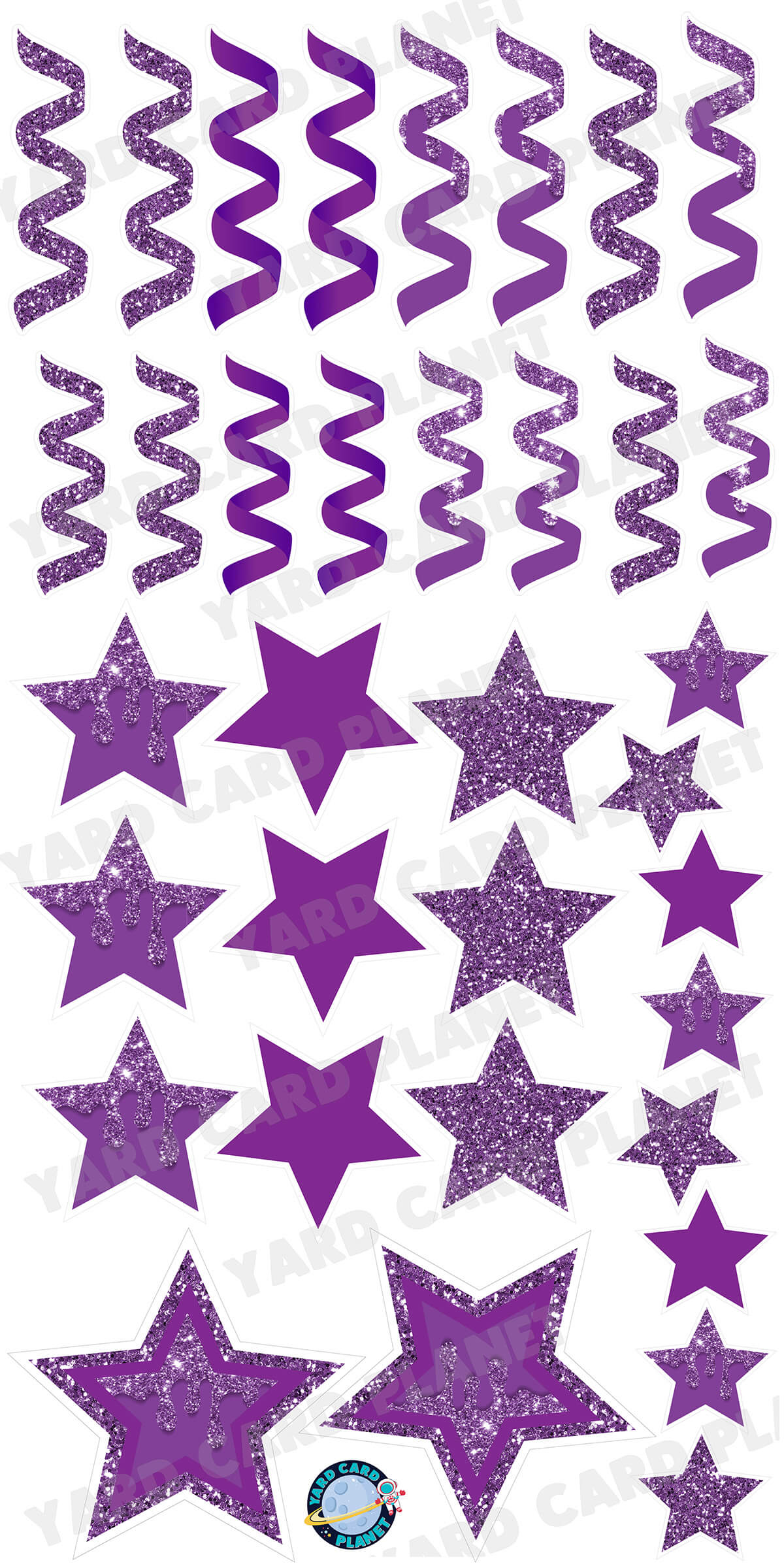 Purple Glitter and Solid Stars and Streamers Yard Card Flair Set