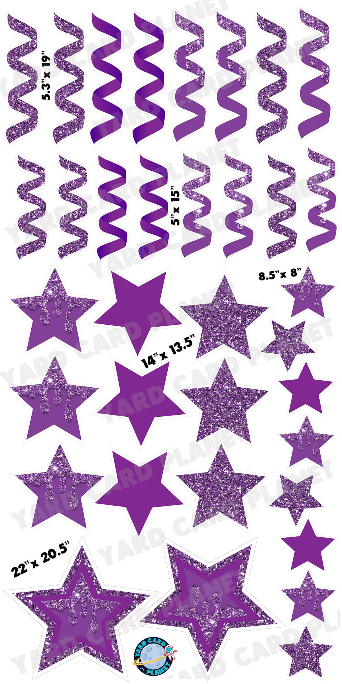 Purple Glitter and Solid Stars and Streamers Yard Card Flair Set