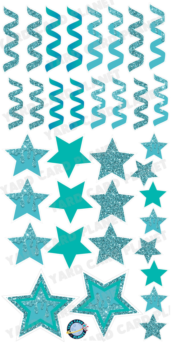 Teal Glitter and Solid Stars and Streamers Yard Card Flair Set