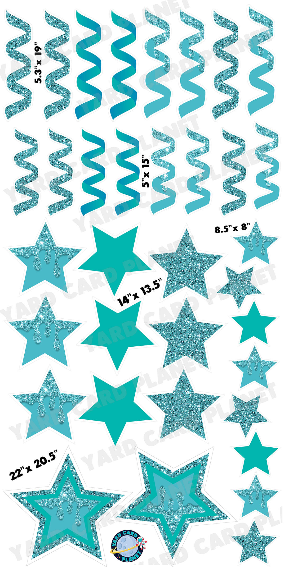 Teal Glitter and Solid Stars and Streamers Yard Card Flair Set