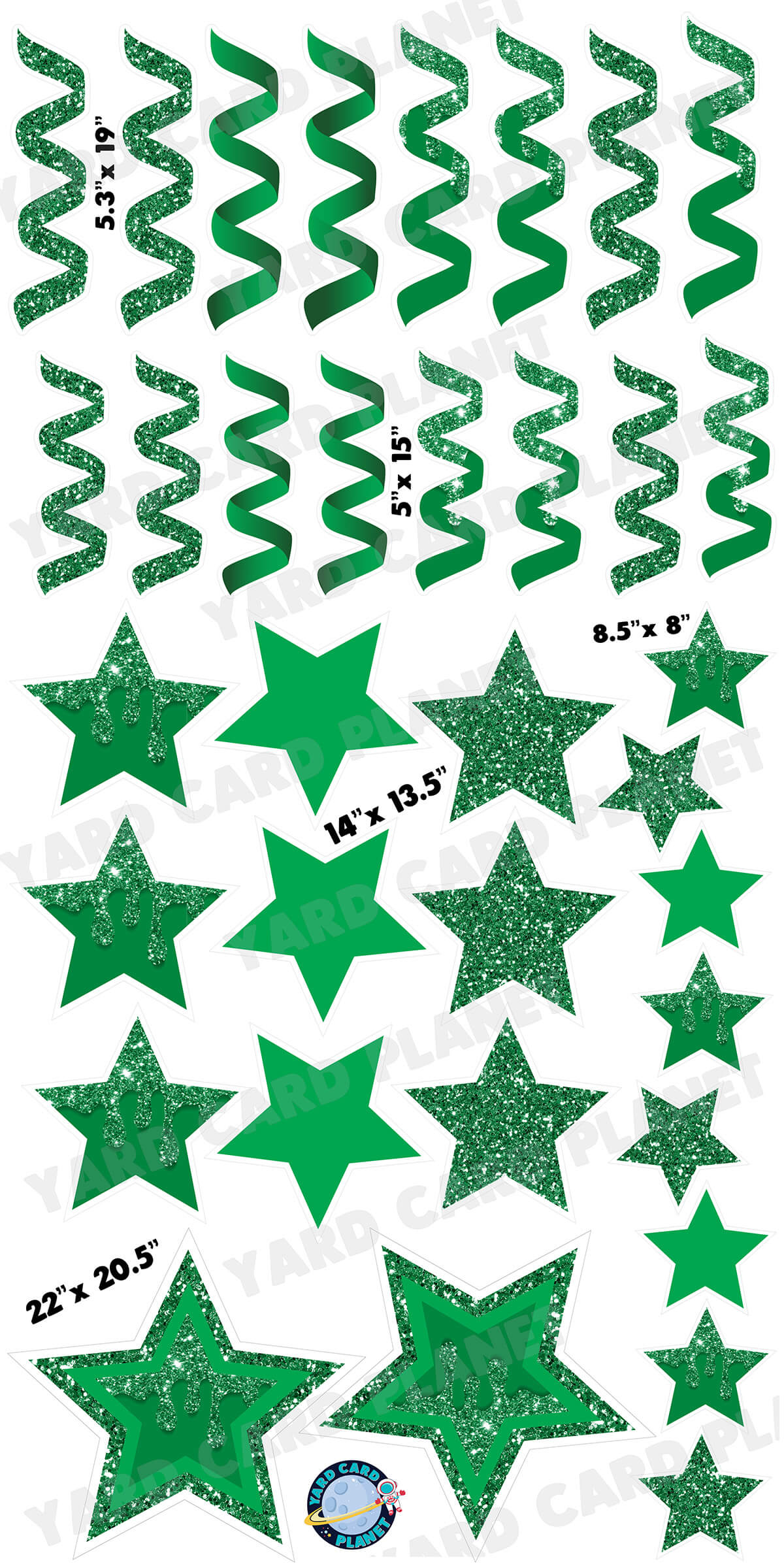 Green Glitter and Solid Stars and Streamers Yard Card Flair Set