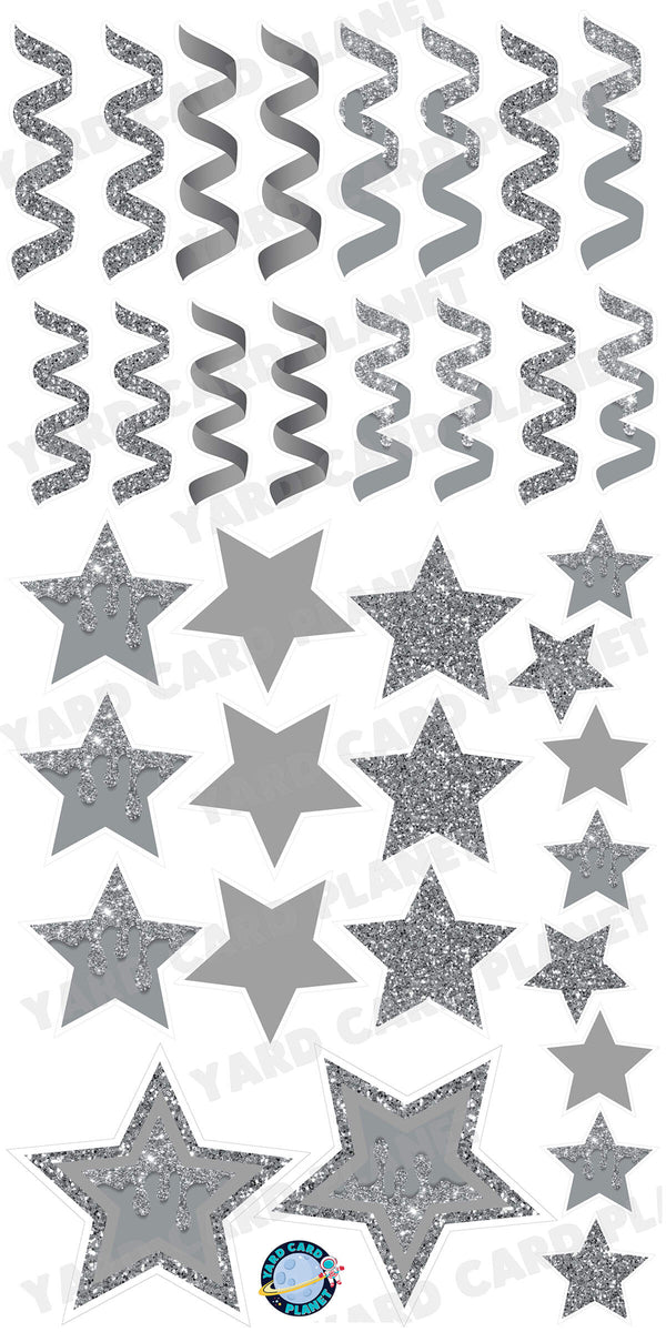 Silver Glitter and Solid Stars and Streamers Yard Card Flair Set