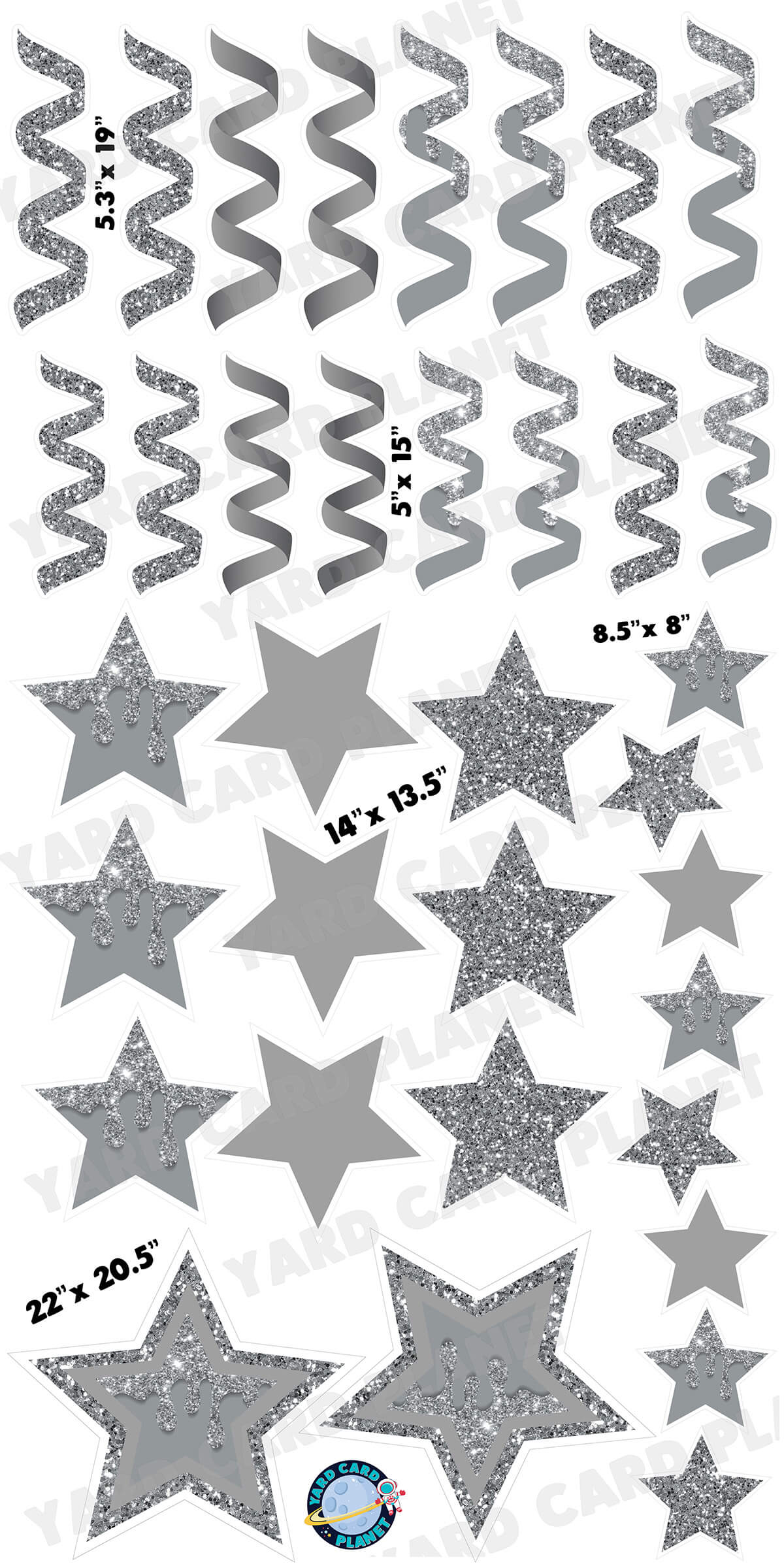 Silver Glitter and Solid Stars and Streamers Yard Card Flair Set