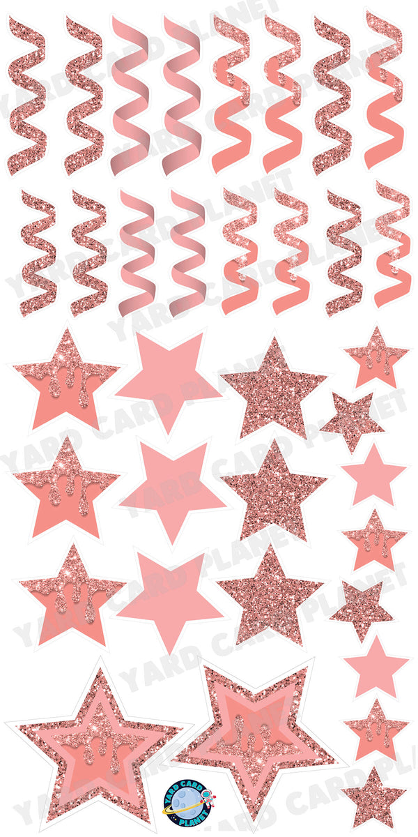 Rose Gold Glitter and Solid Stars and Streamers Yard Card Flair Set