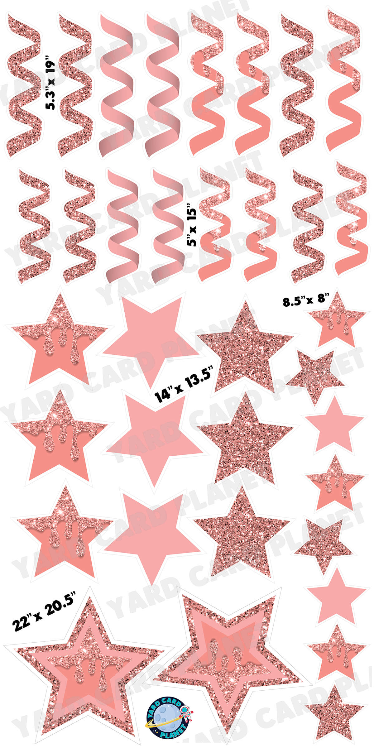 Rose Gold Glitter and Solid Stars and Streamers Yard Card Flair Set