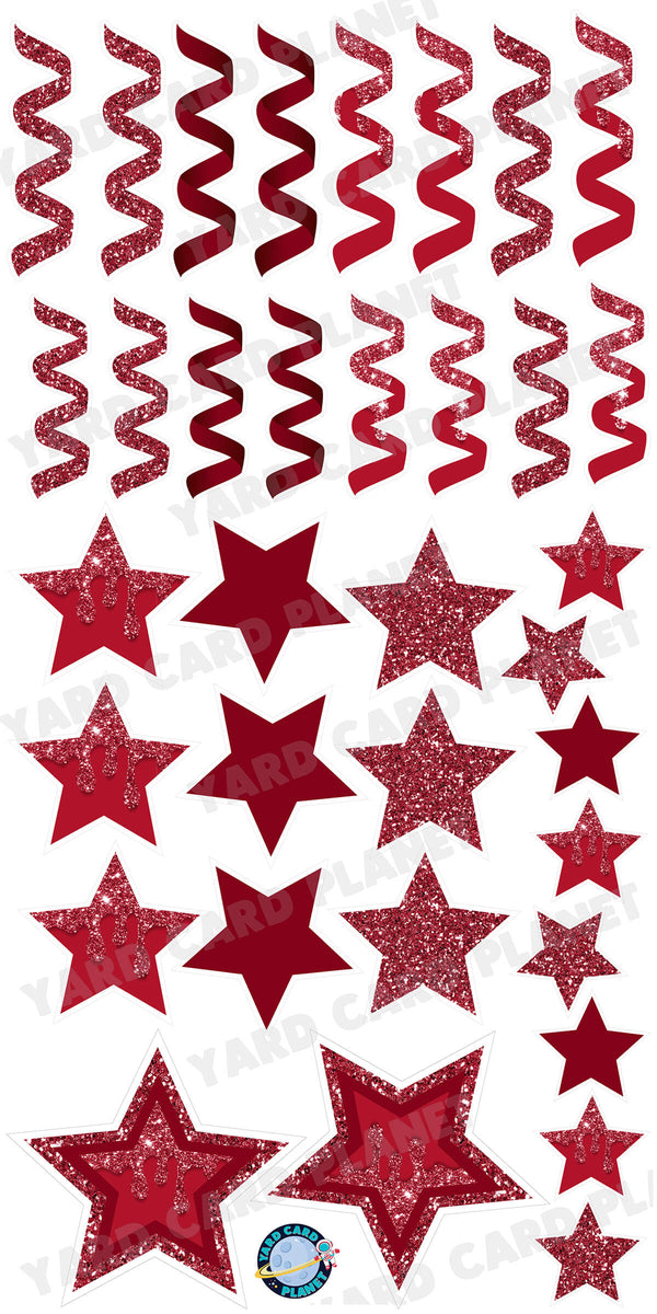 Maroon Glitter and Solid Stars and Streamers Yard Card Flair Set