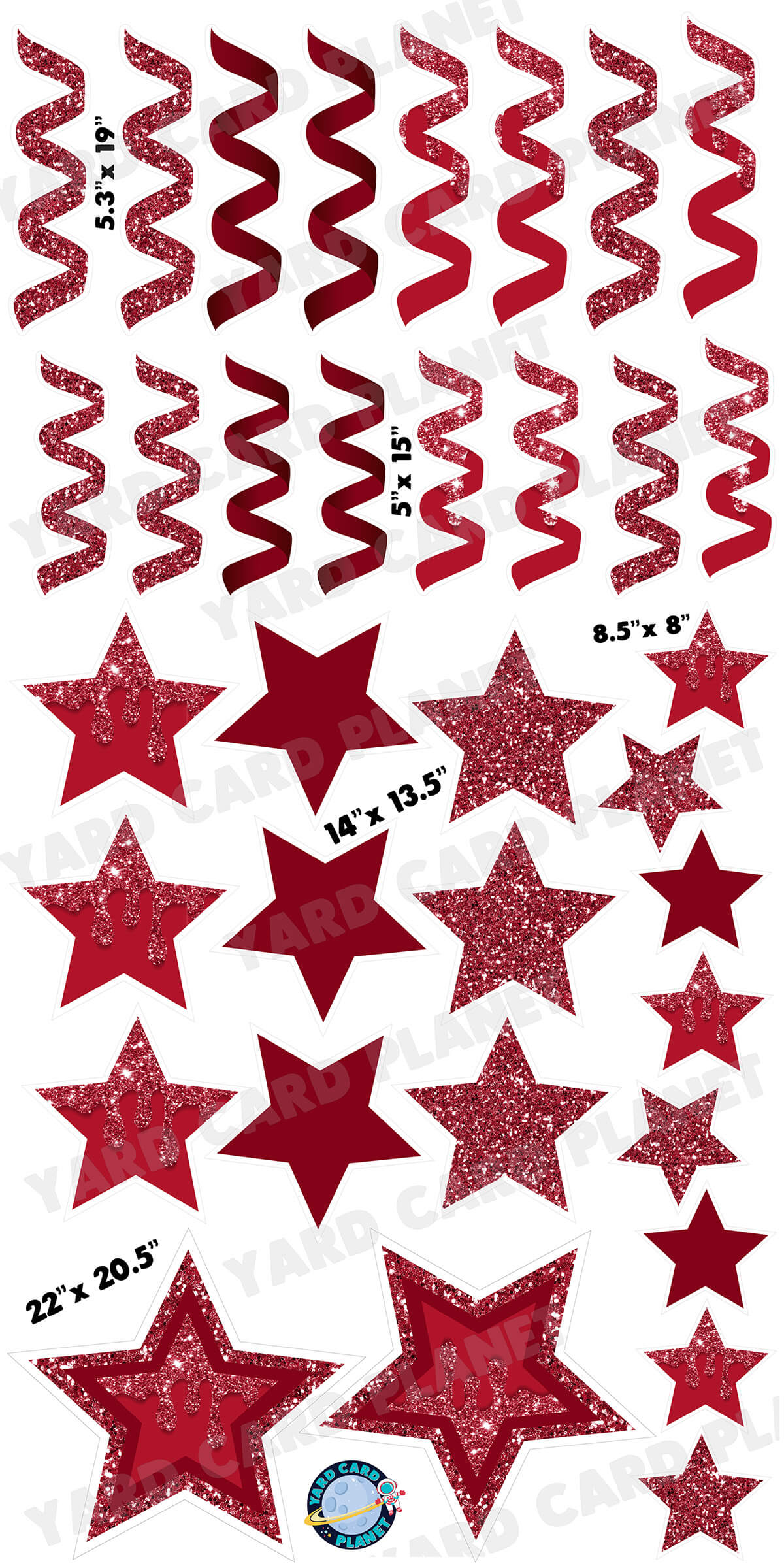 Maroon Glitter and Solid Stars and Streamers Yard Card Flair Set