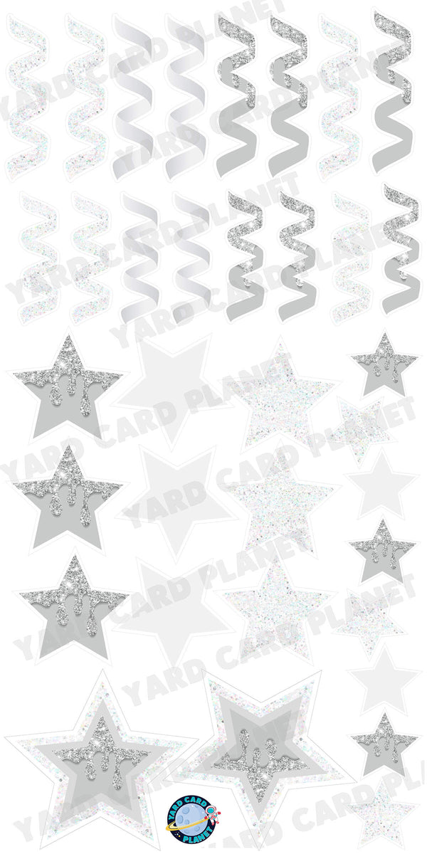 White and Silver Glitter and Solid Stars and Streamers Yard Card Flair Set